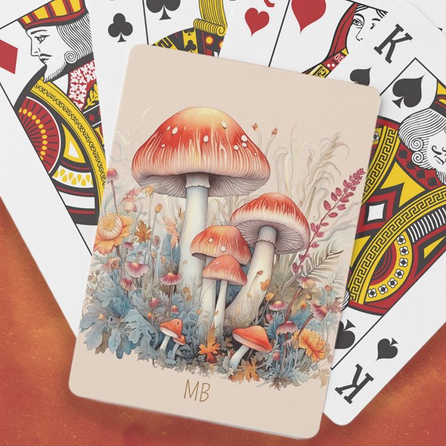 Rote Pilze Holzfussböden Monogramm Spielkarten (Red mushroom painting playing cards personalized with your monogram/initials or any text you choose)