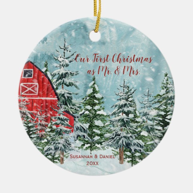 Rote Pinienbäume schneit unser erstes Weihnachtsfe Keramik Ornament (Vorne)