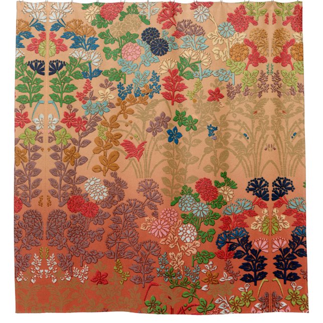 ROTE PINK-BLUME, BLÄTTER ANTIQUE JAPANISCHE BLUMEN DUSCHVORHANG (Vorderseite)