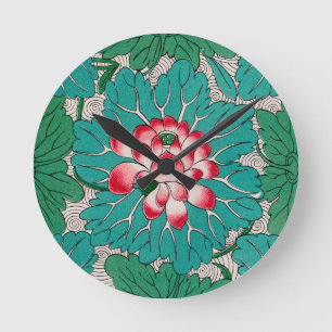 Rote Pink Grüne Teal Chinesische Lotusblumen Muste Runde Wanduhr