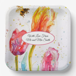 Rote Pink Tulpe und Biene Aquarellmalerei Hochzeit Pappteller