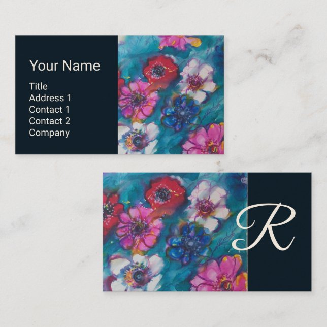 ROTE PINK WEISSE BLUME IM BLUE FLORAL MONOGRAM VISITENKARTE (Vorne/Hinten)