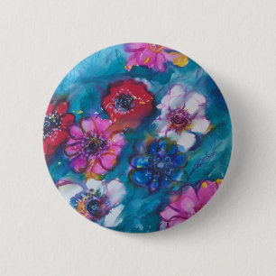 ROTE PINK WEISSE FARBENFROHE BLUMEN IN BLAU BUTTON