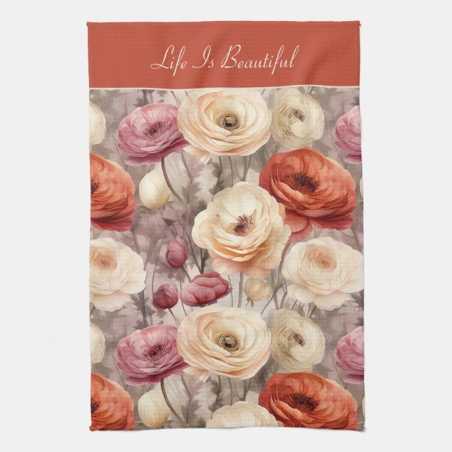 Rote Pinke Creme-Ranunculus-Blumen   Geschirrtuch (Vertikal)