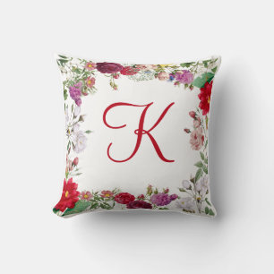 Rote Pinke Violette Grüne Blumen Florale Monogramm Kissen