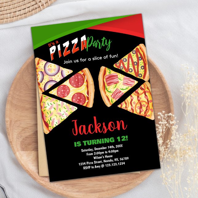 Rote Pizza Geburtstagseinladungen Einladung (White Red Green Pizza Birthday Invitations)