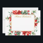 Rote Poinsettia Blumengrün Gold Mitteilungskarte<br><div class="desc">Die Personalisierte Note Card des eleganten Watercolor Poinsettia Blumengrün aus Gold-Rahmen beinhaltet rote Poinsettias,  Eukalyptus-Blätter,  Kiefernzapfen,  Kiefernnadeln,  Baumwolle,  Holly-Beeren und andere wunderschöne botanische Wintergärten. Goldenes Drehbuch.</div>
