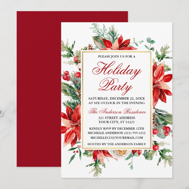 Rote Poinsettia Florentiner Feiertag Einladung (Vorne/Hinten)