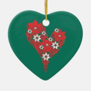 Rote Poinsettia-Herz-frohe Weihnacht-Verzierung Keramik Ornament