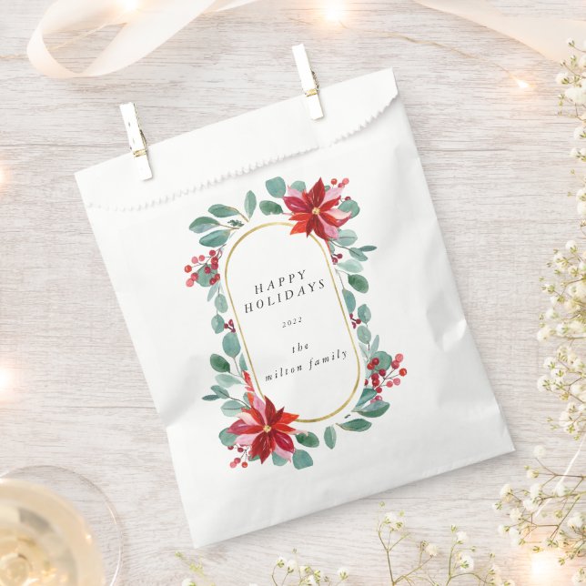 Rote Poinsettia Holiday Floral Monogramm Geschenktütchen (Ausgeschnitten)