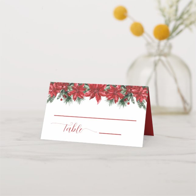 Rote Poinsettia Pine Greenerity Wedding Platzkarte (Vorderseite)