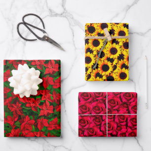 Rote Poinsettia Rose Sonnenblume Eleganter Chic Geschenkpapier Set