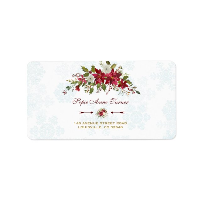 Rote Poinsettia Schneeflocken Hochzeit Adressaufkleber (Vorne)