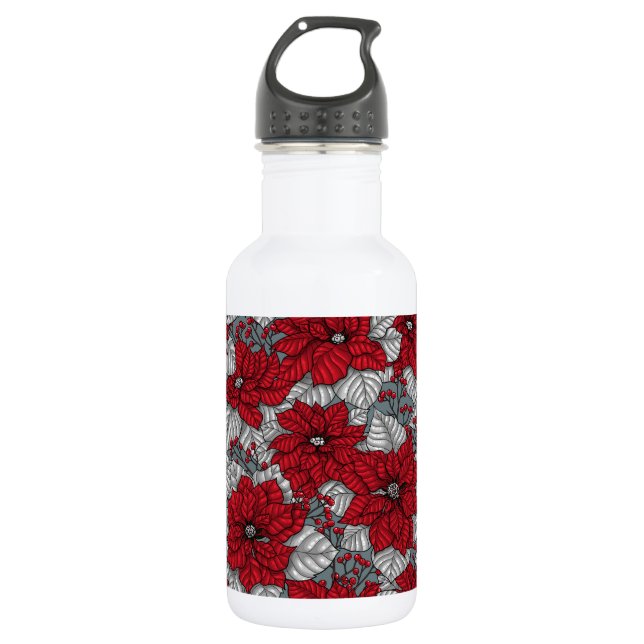 Rote Poinsettia und Beeren, Weihnachtsdesign Edelstahlflasche (Vorderseite)