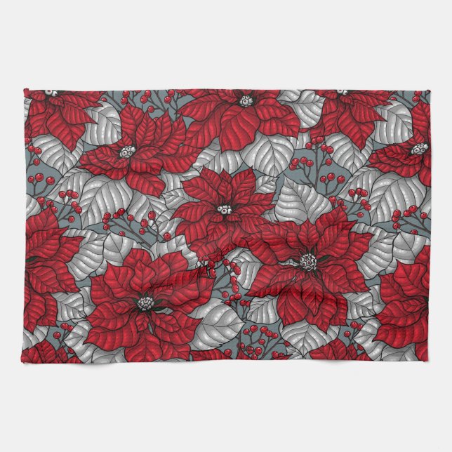 Rote Poinsettia und Beeren, Weihnachtsdesign Geschirrtuch (Horizontal)