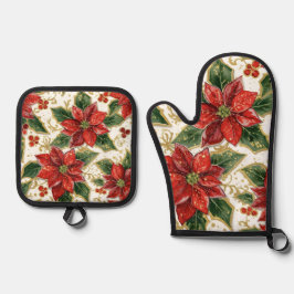 Rote Poinsettia und Weihnachtsferien Winter Ofenhandschuh & Topflappen-Set
