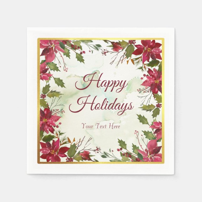 Rote Poinsettia Wasserfarbe mit Imitaten Gold Trim Serviette (Vorderseite)