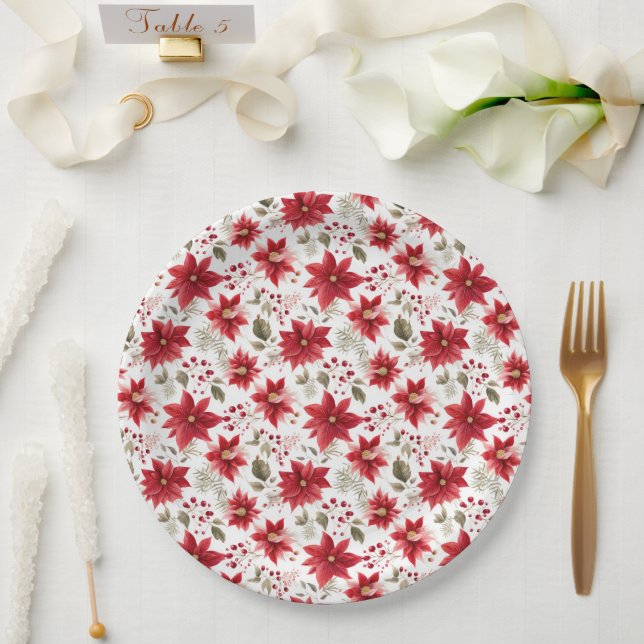 Rote Poinsettia Weihnachten Blume Berries Holiday Pappteller (Hochzeit)