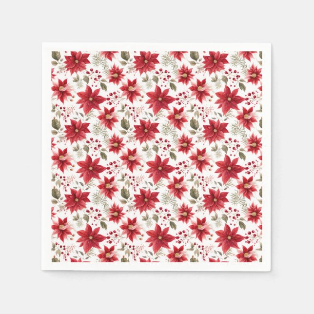 Rote Poinsettia Weihnachten Blume Berries Holiday Serviette (Vorderseite)