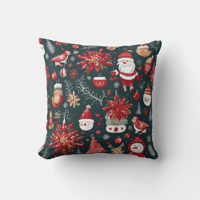 Rote Poinsettia, Weihnachtsmann, Vogel, Bauble, Sn Kissen (Vorderseite)