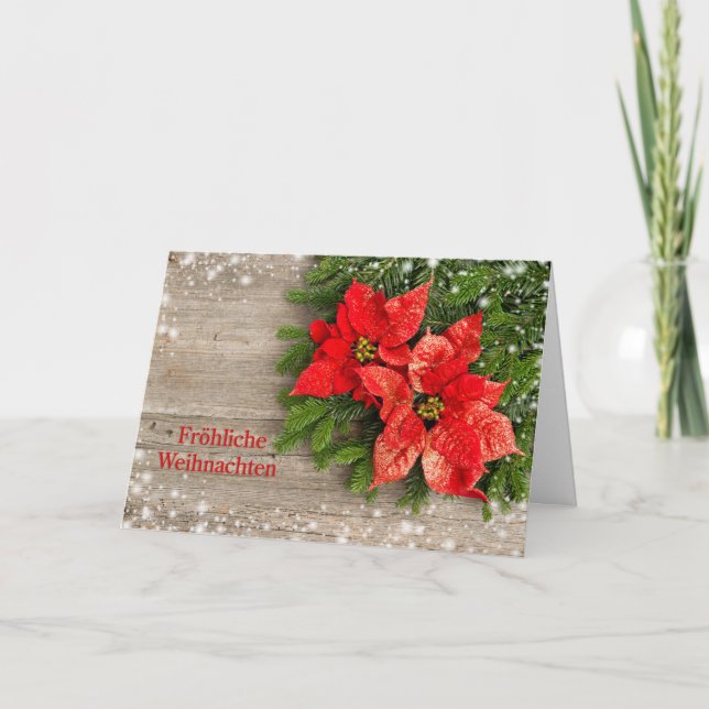 Rote Poinsettias auf hölzernem deutschem Feiertagskarte (Vorderseite)