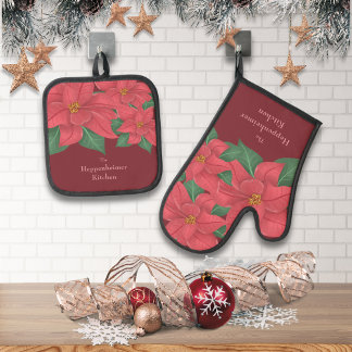 Rote Poinsettias Familie Urlaub Ofenhandschuh & Topflappen-Set