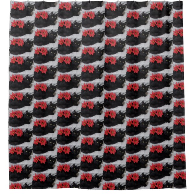 Rote Poinsettias Schwarzer Katze Duschvorhang (Vorderseite)