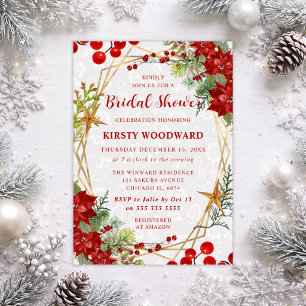 Rote Poinsettie & Beeren Winter Florale Hochzeitsd Einladung