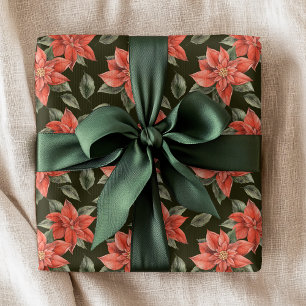 Rote Poinsettie Grüne Weihnachts-Blumenmuster Geschenkpapier