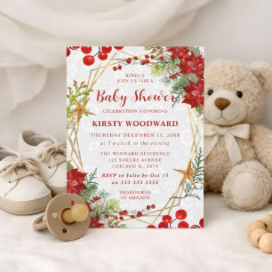 Rote Poinsettie und Beeren Winterblumen Baby Showe Einladung