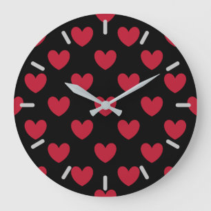 Rote Polka-Herzen auf schwarz Große Wanduhr