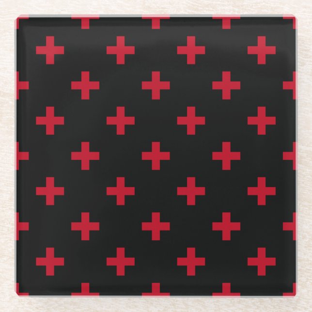 Rote Polka-Kreuze auf schwarz Glasuntersetzer (Vorderseite)