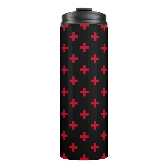 Rote Polka-Kreuze auf schwarz Thermosbecher (Vorderseite)