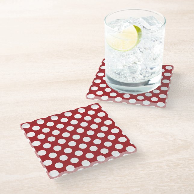 Rote Polka-Punkte, Polka-Dottern-Muster, Punkte, g Glasuntersetzer (Schrägansicht)