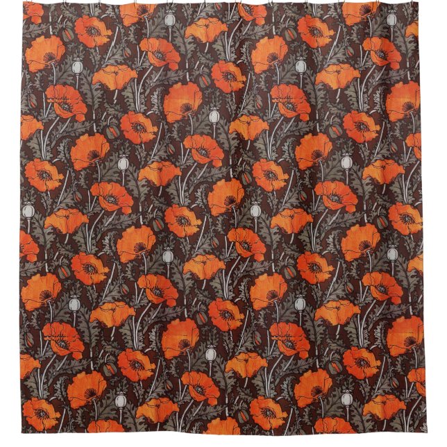 ROTE POPPIEN IN SCHWARZ-WEISSEM Mohnfeld Duschvorhang (Vorderseite)