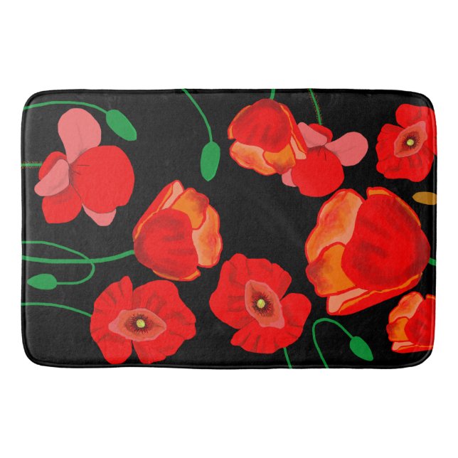 Rote Poppies auf der schwarzen Hintergrunddarstell Badematte (Vorderseite)