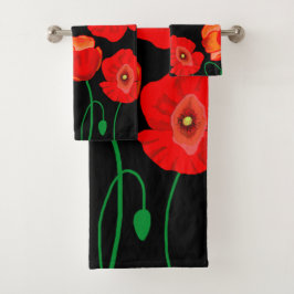 Rote Poppies auf der schwarzen Hintergrunddarstell Badhandtuch Set