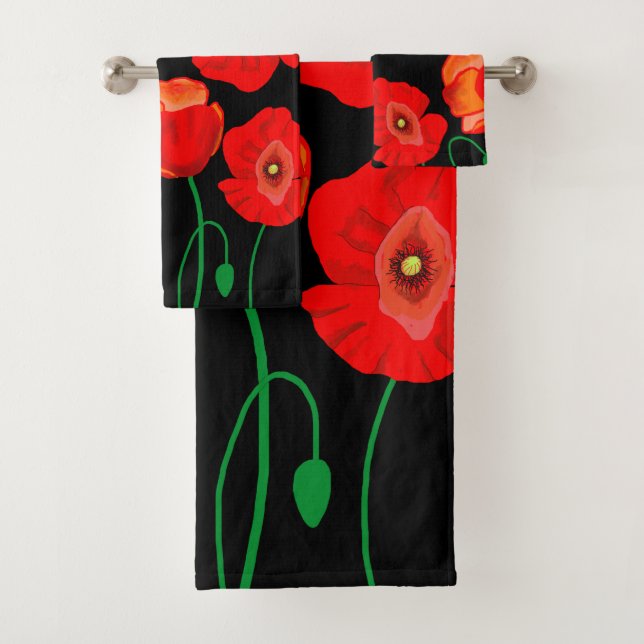 Rote Poppies auf der schwarzen Hintergrunddarstell Badhandtuch Set (Insitu)