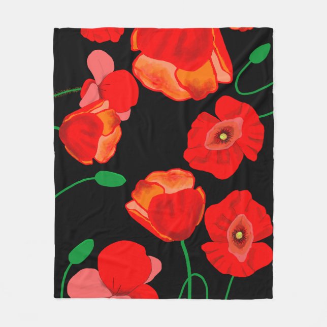 Rote Poppies auf der schwarzen Hintergrunddarstell Fleecedecke (Vorderseite)