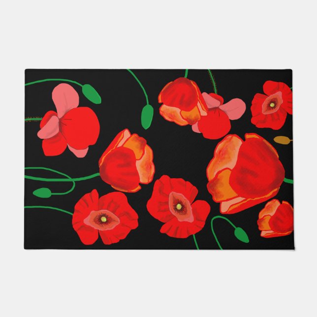 Rote Poppies auf der schwarzen Hintergrunddarstell Fußmatte (Vorderseite)