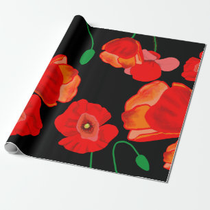 Rote Poppies auf der schwarzen Hintergrunddarstell Geschenkpapier