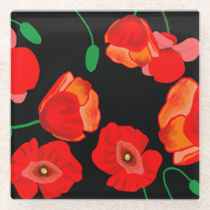 Rote Poppies auf der schwarzen Hintergrunddarstell Glasuntersetzer