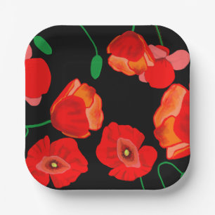 Rote Poppies auf der schwarzen Hintergrunddarstell Pappteller
