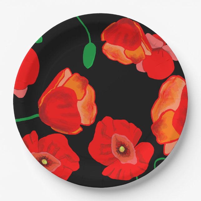 Rote Poppies auf der schwarzen Hintergrunddarstell Pappteller (Vorderseite)