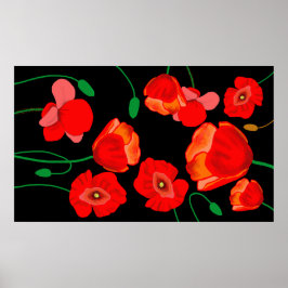 Rote Poppies auf der schwarzen Hintergrunddarstell Poster