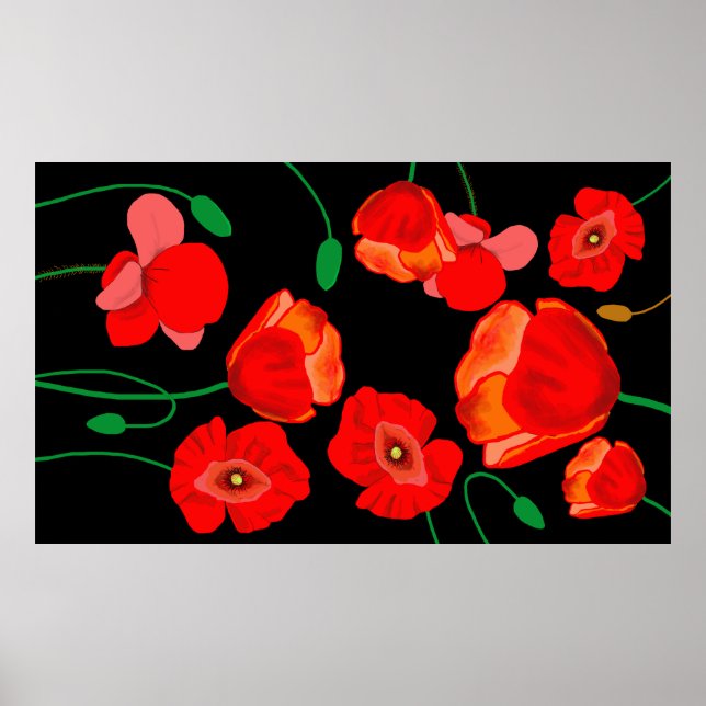 Rote Poppies auf der schwarzen Hintergrunddarstell Poster (Vorne)