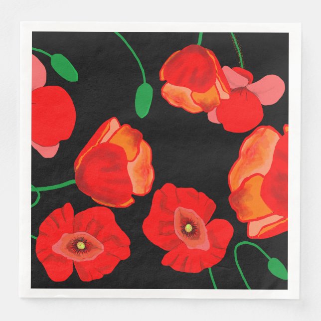 Rote Poppies auf der schwarzen Hintergrunddarstell Serviette (Vorderseite)