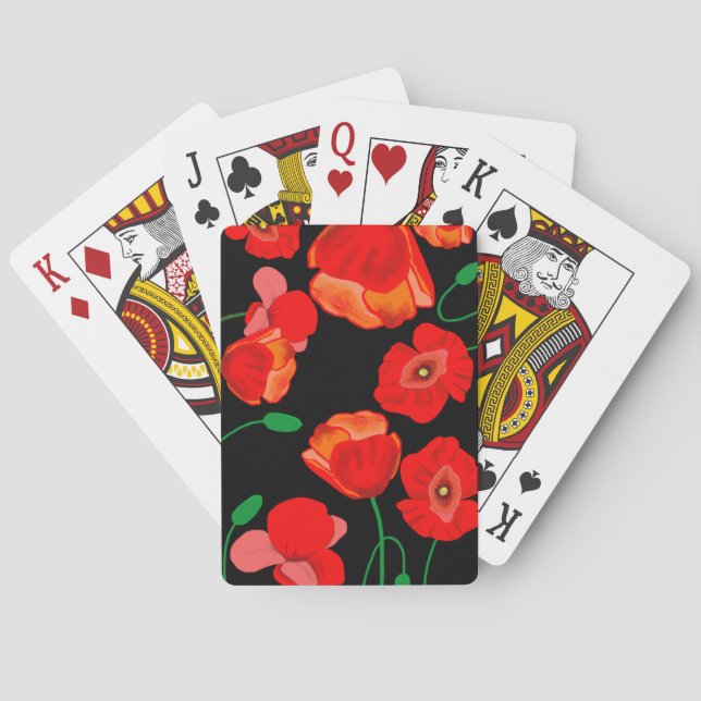 Rote Poppies auf der schwarzen Hintergrunddarstell Spielkarten (Rückseite)