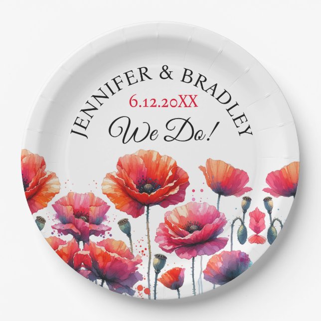 Rote Poppies Blumenhochzeit Pappteller (Vorderseite)