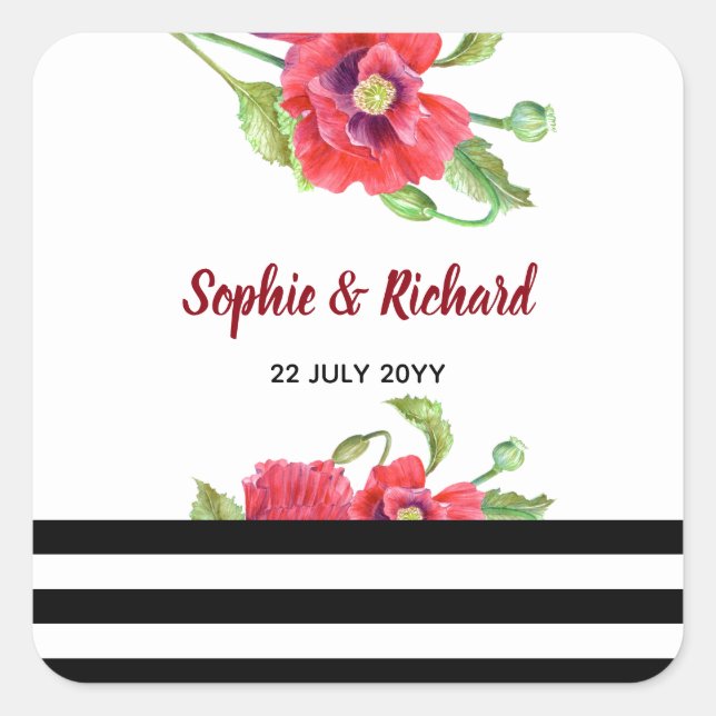Rote Poppies, Wild-florale Hochzeit Quadratischer Aufkleber (Vorderseite)
